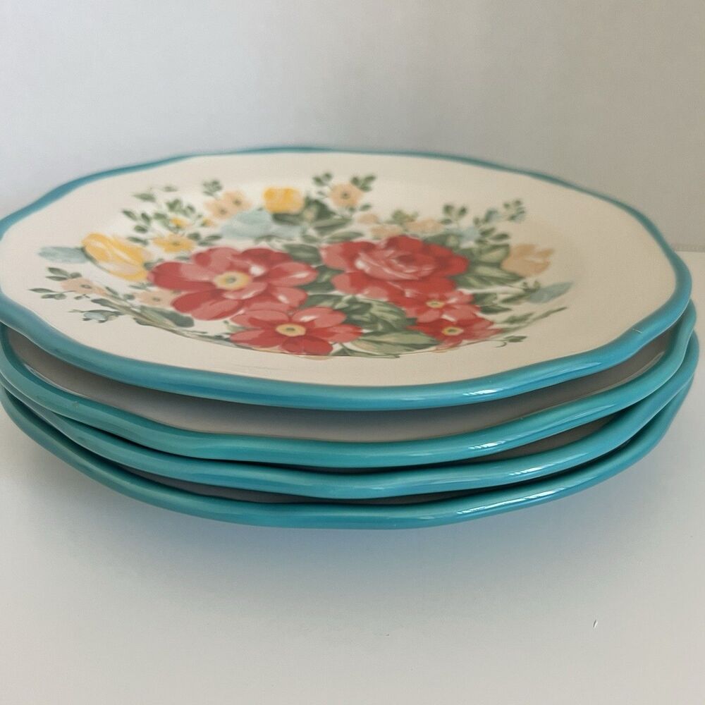 Set Of 4 The Pioneer Woman 8.5” Floral Salad Plate dish blue Flowers stoneware